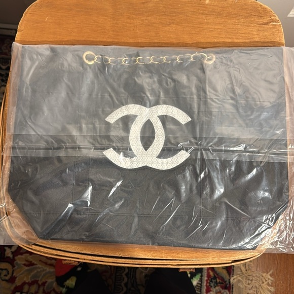 Authentic Chanel Black Tote, Gold Chain Handles White Sequin CC on both sides - Picture 13 of 14